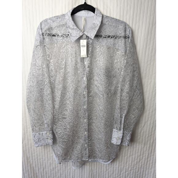 NWT Anthropologie Gray Metallic Lace Top Medium - Picture 3 of 8